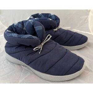 Lands' End Ultralight Womens 9 Puffer Puffie Bootie Blue Plaid Slippers